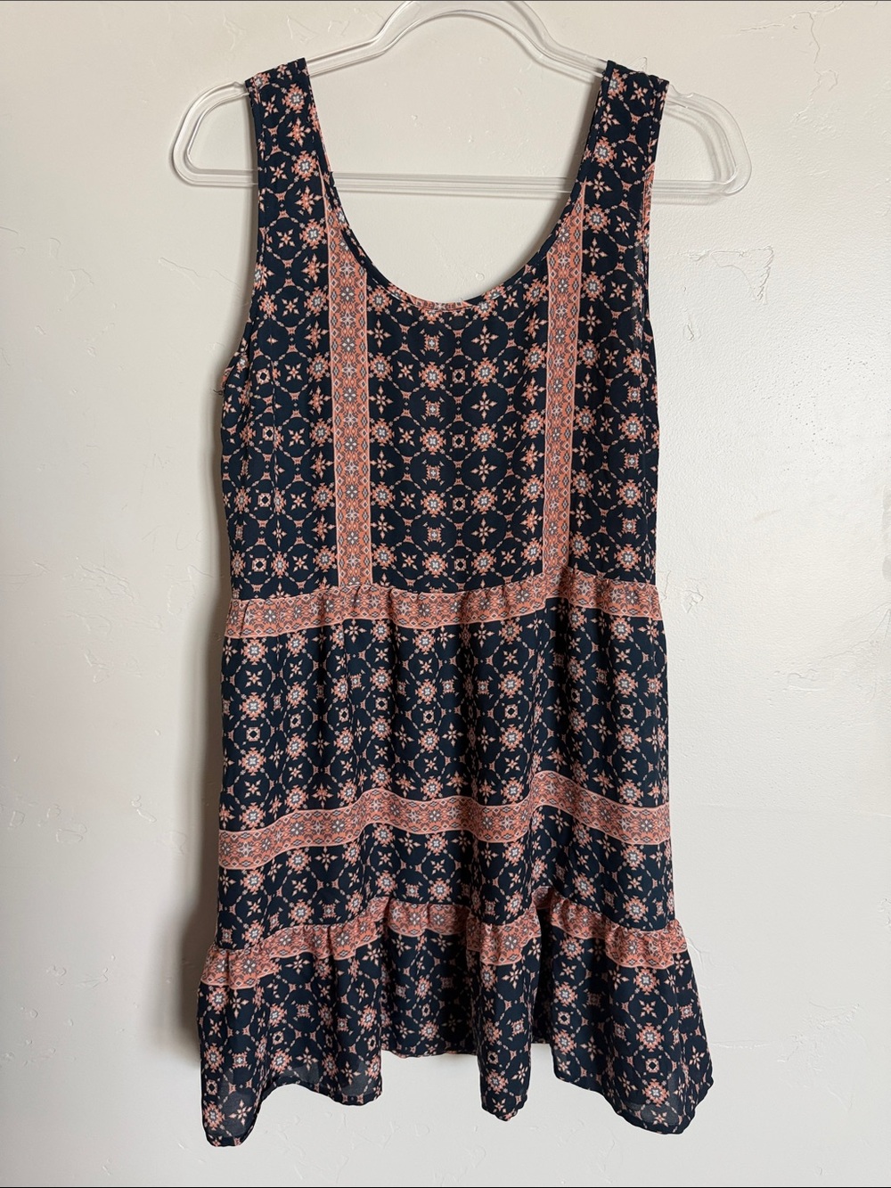 Blu Pepper Navy Dress with Coral Print Accents Lightweight Boho Babydoll Dress